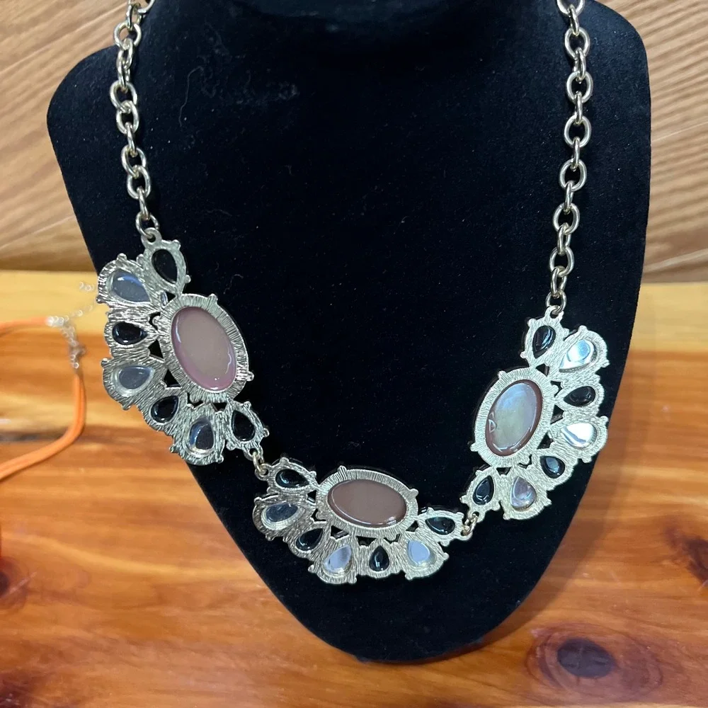 Vtg Y2K Chunky Bib Statement Necklace Shimmer Acrylic Beads Geometric Adjustable